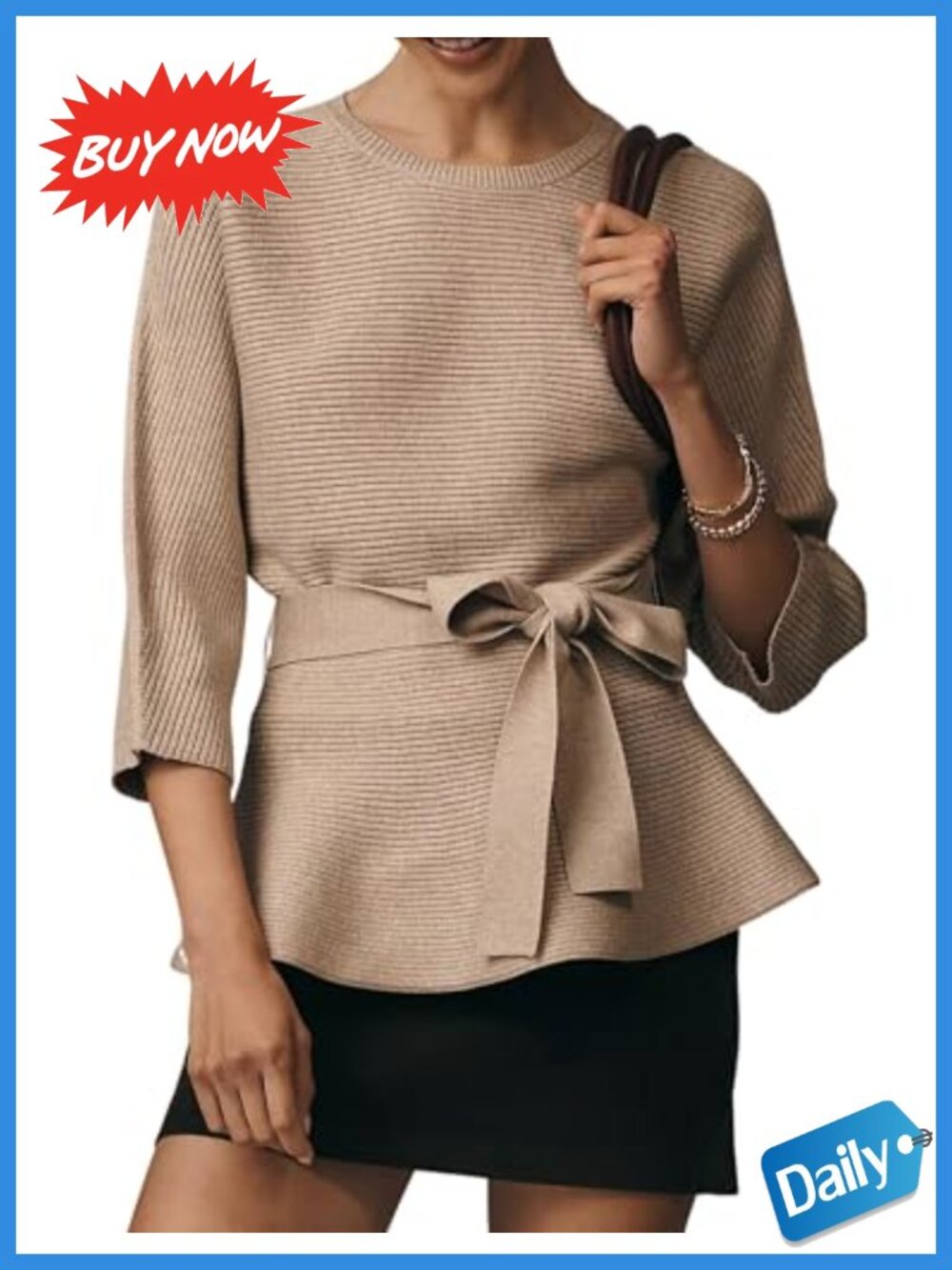 Womens Ribbed Belted Sweater 3/4 Sleeve Crew Neck Pullover Tunic Top